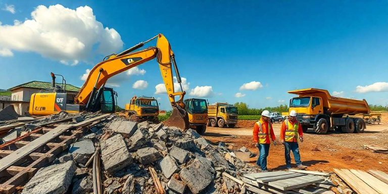 A construction site bustling with heavy machinery, including excavators and a dump truck. Two workers in helmets and orange vests stand observing the process of debris removal. A pile of rubble sits in the foreground, set against a clear blue sky above.