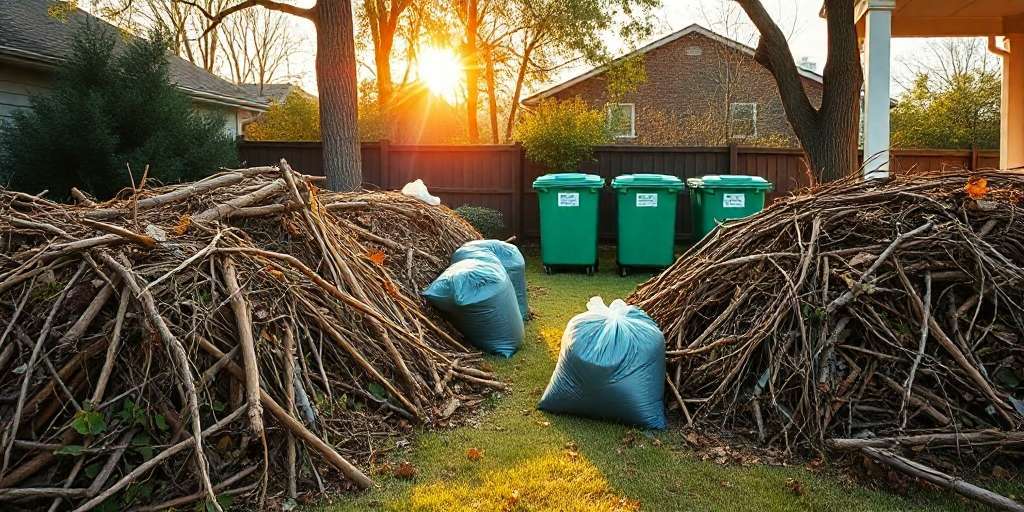 Neatly stacked branches and bags await yard waste removal in a tidy yard, with green recycling bins and a house in the background. The sun is setting behind the trees.