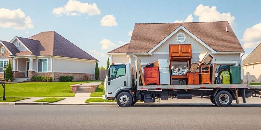 A moving truck loaded with furniture and boxes, ready for service solutions, is parked in front of a suburban house on a clear day.