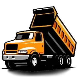 Illustration of an orange dump truck with a raised black bed, reminiscent of a Miami Junker, set against a clean white background.