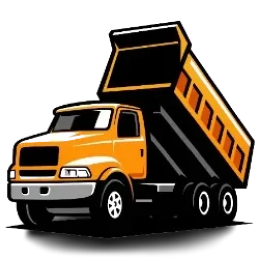 Illustration of a Miami Junker dump truck, boasting an orange and black design with its bed raised, perfect for a logo.