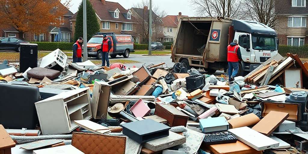 A garbage truck and workers handle a large pile of discarded furniture and debris on a residential street, with several houses visible in the background.