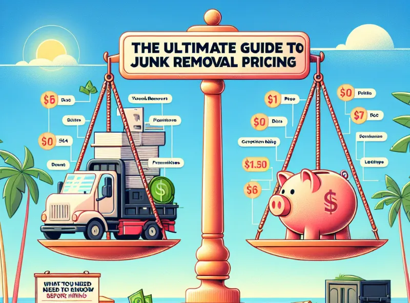 Illustration of a scale. Left side has a truck with junk labeled with costs. Right side has a piggy bank with price tags. Title: "The Ultimate Guide to Junk Removal Pricing.