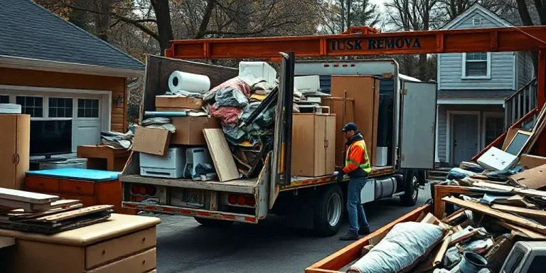 A mover in a high-visibility vest, representing LoadUp Junk Removal, efficiently loads a truck with furniture and boxes. Household items are scattered around as the house and garage stand in the background, ready to welcome a clutter-free transformation.