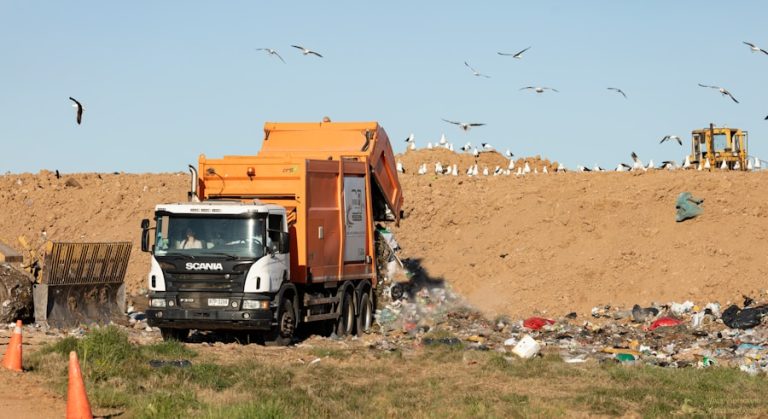 Garbage truck unloading waste at a landfill with birds flying above and construction machinery in the background.