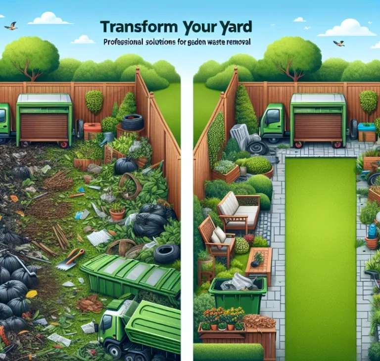 Before-and-after yard transformation image. Left: cluttered with trash and debris. Right: neat and organized with outdoor furniture, plants, and grass.